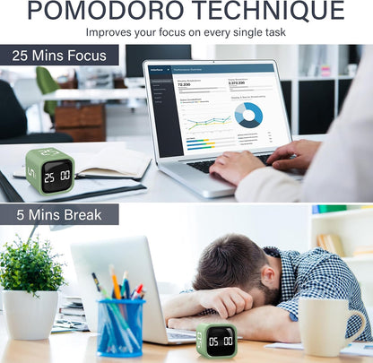 Rotating Pomodoro Timer 5, 25, 10 50 Minutes Preset, Desk Productivity Flip Timer, ADHD Tool Cube Countdown Stopwatch, Vibration/High/Low Volume/Custom Modes, for Work, Study, Back to School, Kitchen