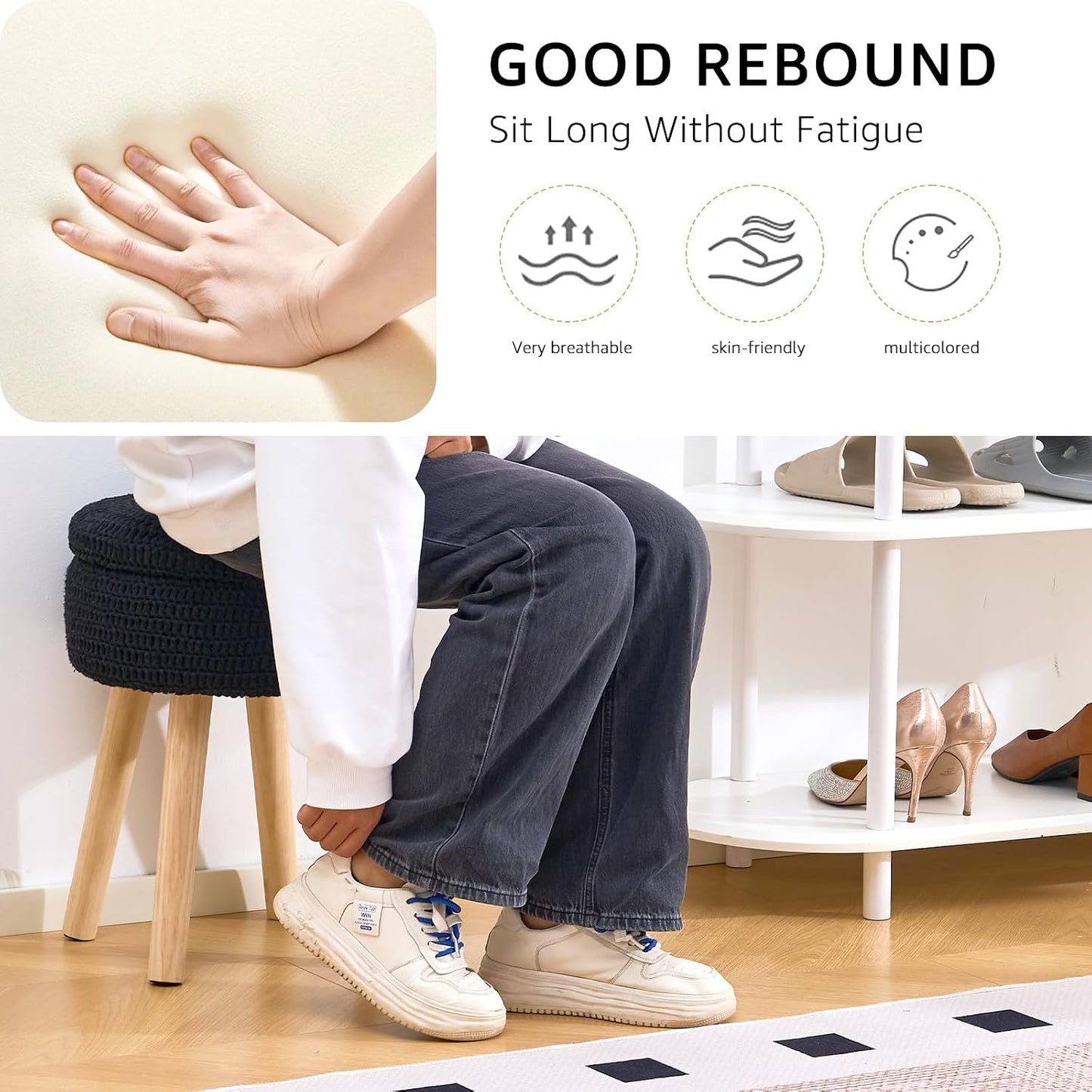 Wimarsbon Pouf Ottoman, 100% Cotton Knitted Boho Footstool, Round Footrest with Non-Skid Wood Legs, Home Décor Handmade Pouffe, Leisure Floor Step Stool for Living Room (Beige)