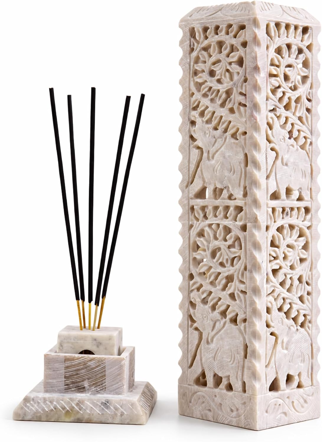 Carry Me Handmade Marble Soapstone Incense Stick Burner | Candle Stick Holder, Tea Light Stand, 3 x 3 x 11 Inches, Decorative Home and Kitchen Decor, Perfect for Gifting