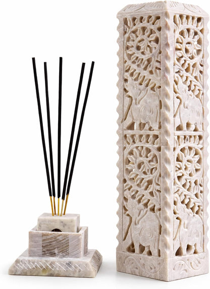 Carry Me Handmade Marble Soapstone Incense Stick Burner | Candle Stick Holder, Tea Light Stand, 3 x 3 x 11 Inches, Decorative Home and Kitchen Decor, Perfect for Gifting