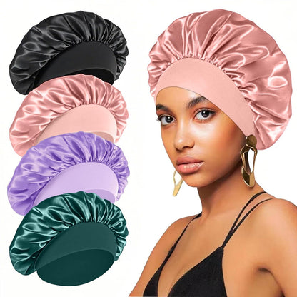 4PCS Silk Satin Bonnets for Black Women & Men - Elastic Wide Band Hair Wrap Cap for Curly Hair - Shower Cap for Sleeping (Black, Peacock Blue, Pink, Khaki)
