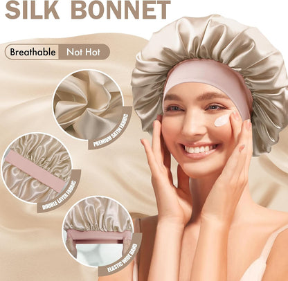 Satin Silk Bonnet for Sleeping, Double Layer Silk Sleep Cap for Men & Women, Soft Satin Lined Bonnet for Curly Hair