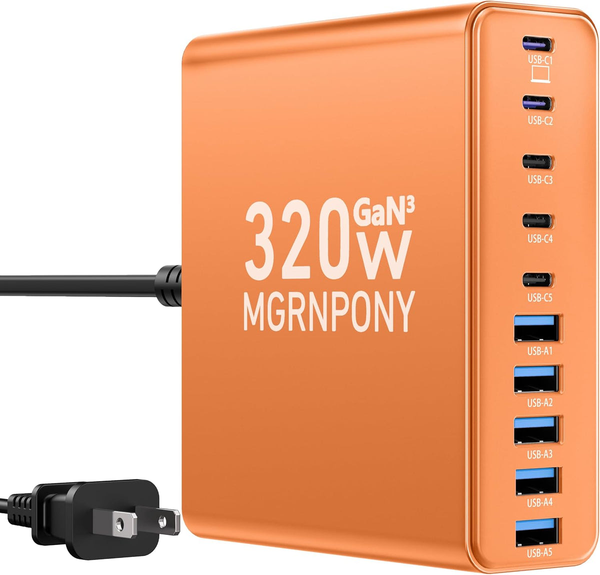 320W USB C Charger Block, MGRNPONY 10-Port GaN USB C Charging Station Black