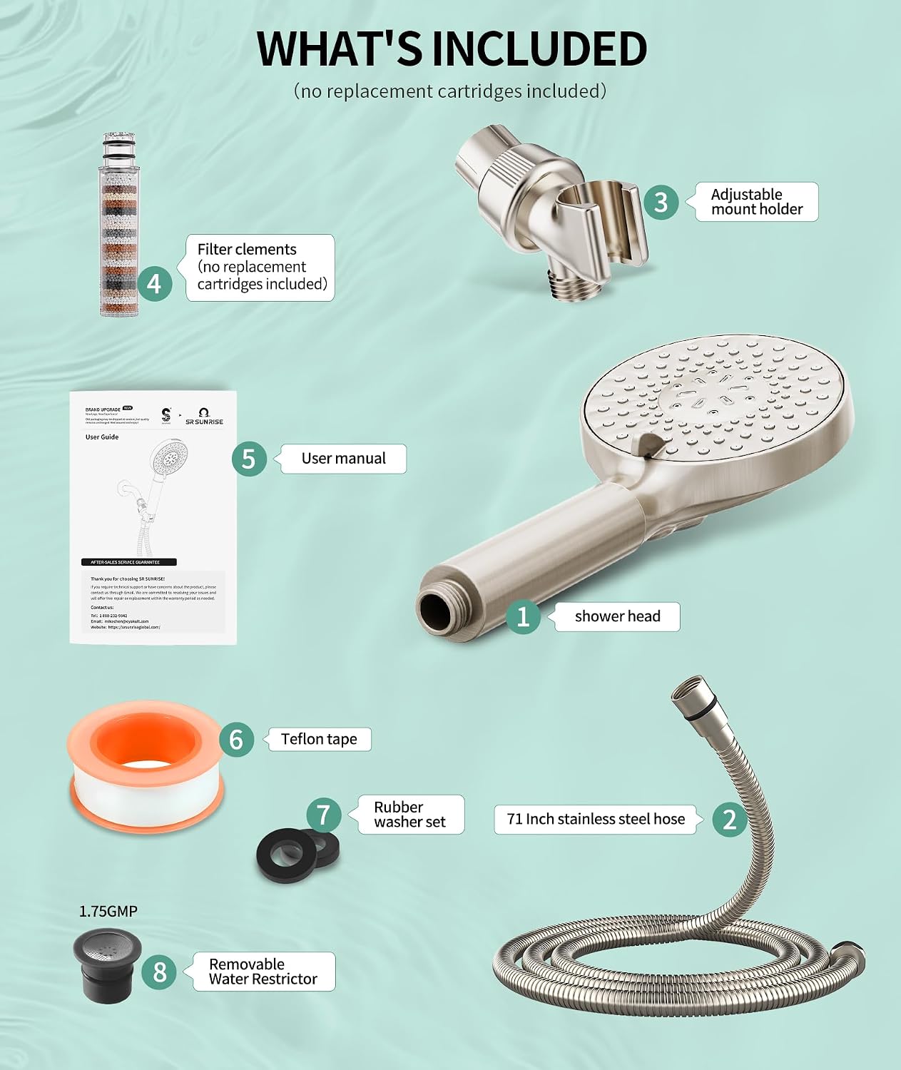 SR SUN RISE Filtered Shower Head with Handheld High Pressure 9 Spray Mode Showerhead Detachable Shower Head Water Softener Filters Beads for Hard Water Remove Chlorine 1 Filter Chrome