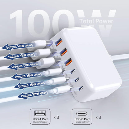 100W 6 in 1 USB Charger, 50% Smaller Charging Station for Multiple Devices