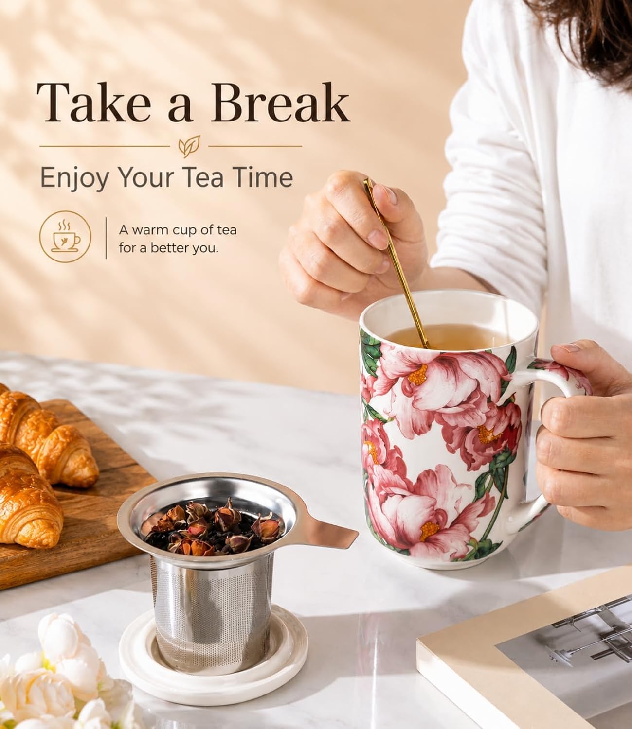 AmorArc Porcelain Tea Mug with Infuser and Lids, 18 Oz Large Cup Strainer with Bag Holder for Loose Leaf Tea, Steeping Coffee Mug for House-warming Wedding Birthday Gift