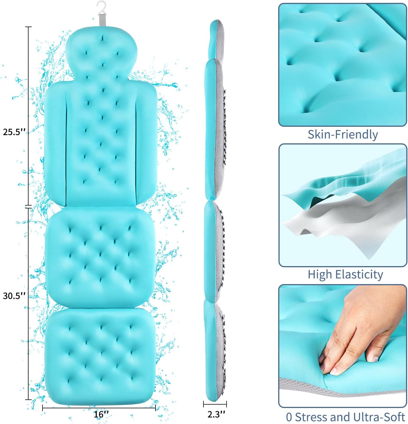 Luxury Bath Cushion, Full Body Bathtub Pillow with 160 Suction Cups, Bath Mat for Head and Neck Support, with Laundry Bag (Light Pink, 51" x 16")