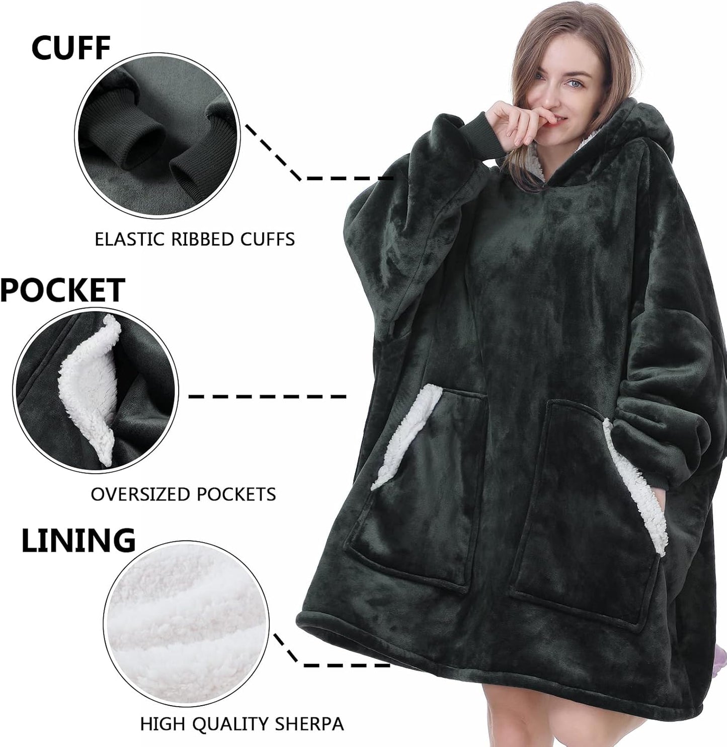 Kipswiza Wearable Blanket Hoodie Gifts for Women and Men, Oversized Cozy Warm Flannel Sherpa Hooded Blankets Sweatshirt with Giant Pockets for Adult and Teens, Dark Gray