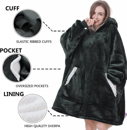 Kipswiza Wearable Blanket Hoodie Gifts for Women and Men, Oversized Cozy Warm Flannel Sherpa Hooded Blankets Sweatshirt with Giant Pockets for Adult and Teens, Dark Gray