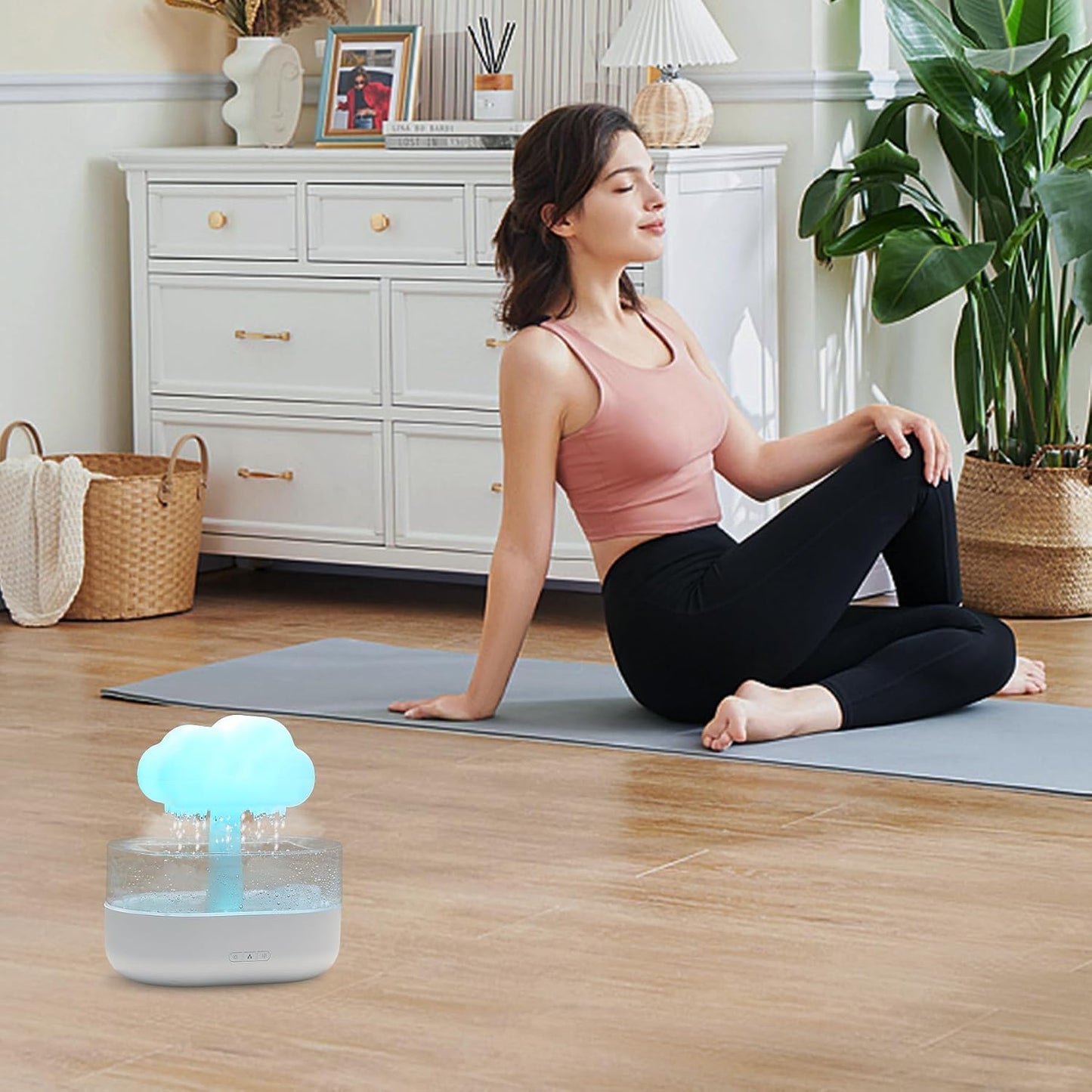 Rain Cloud Humidifier Water Drip - Mushroom Aroma Diffuser, Essential Oil Diffusers, 300ml White Noise Aromatherapy Diffusers with 7 Colors Cloud Lights for Home, Large Room, Office - White
