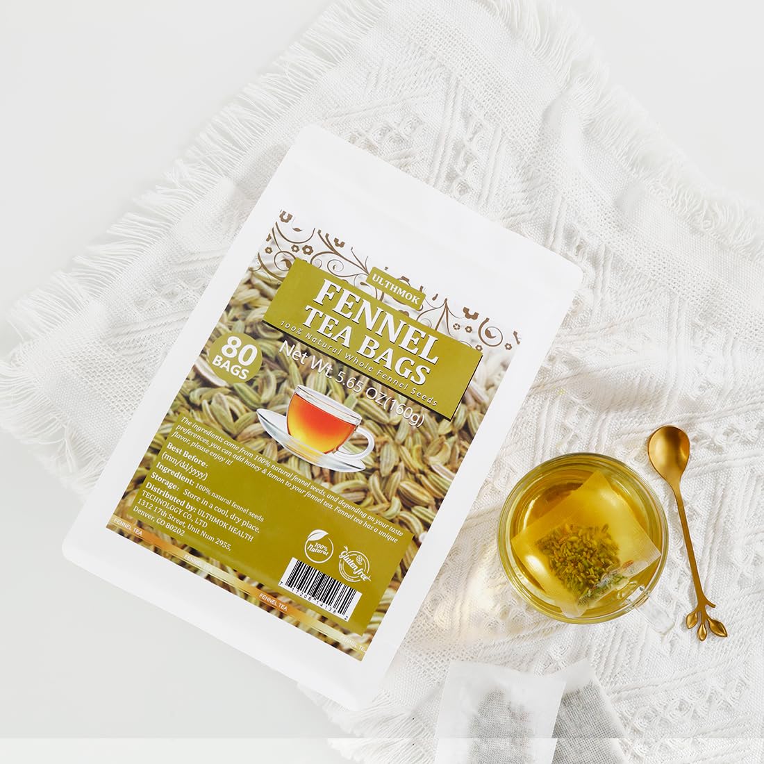 Premium Fennel Tea Bags, 80 Tea Bags. Made with Natural Whole Fennel Seeds, Caffeine Free & No Additives.