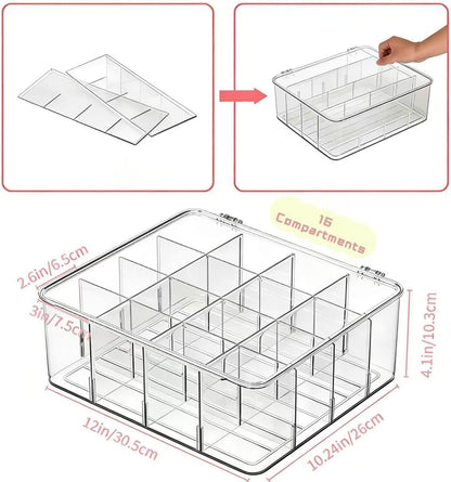 16 Compartment Acrylic Tea Bag Organizer with Lid - Stackable Clear Storage Box for Countertop, Pantry & Cabinet | BPA-Free Dustproof Container for Tea Packets, Coffee Pods, Sugar & Condiment Packets