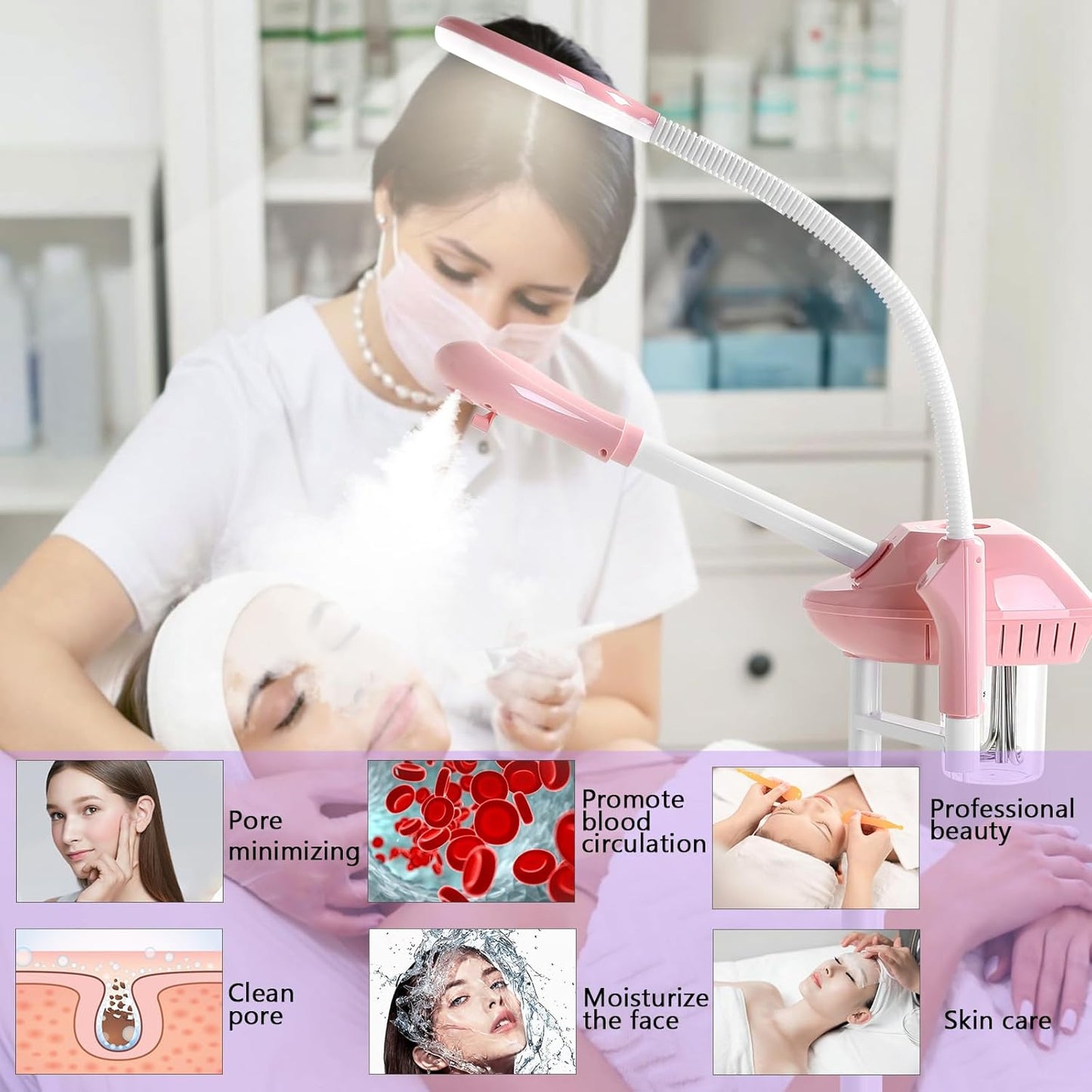 Professional Facial Steamer, Face Steam on Wheels, Estheticians Steamer with More Steam for Moisturizing and Hydration, Adjustable Height and Angle for Spa Beauty, Home Use, Pink
