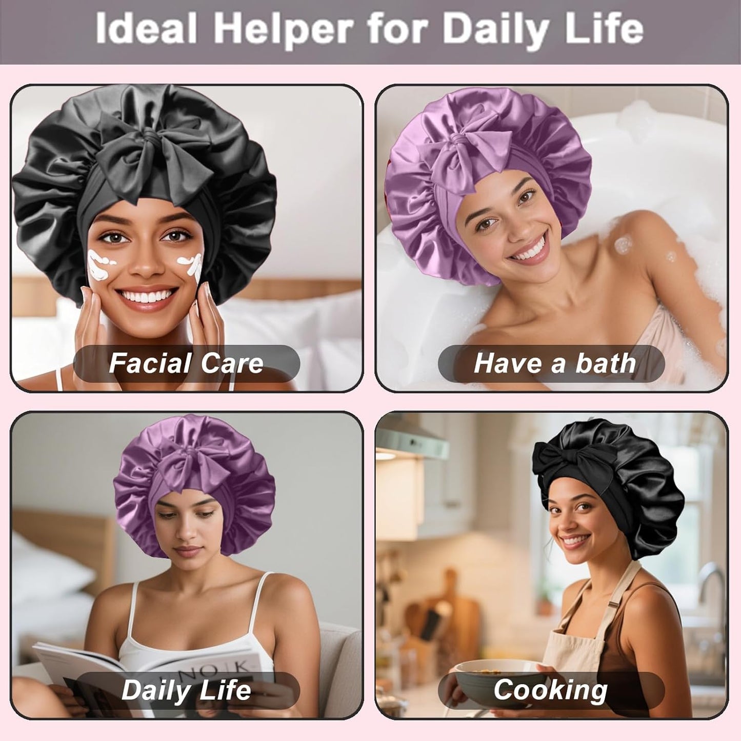 2Pcs Silk Hair Satin Bonnet for Sleeping Women,Large Satin Sleep Bonnets for Women with Elastic Tie Band Silk Hair Wrap with Ajustable Straps,Night Sleep Cap for Curly Braids,Black+Rose Gold