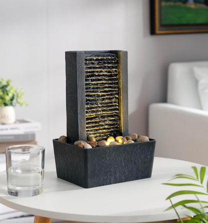 Haobos Modern Tabletop Water Fountain, Minimalist Indoor Waterfall with Warm LED Light & River Rocks, Soothing Zen Desk Fountain for Office, Bedroom, Spa, Relaxation Desk Decor Gift