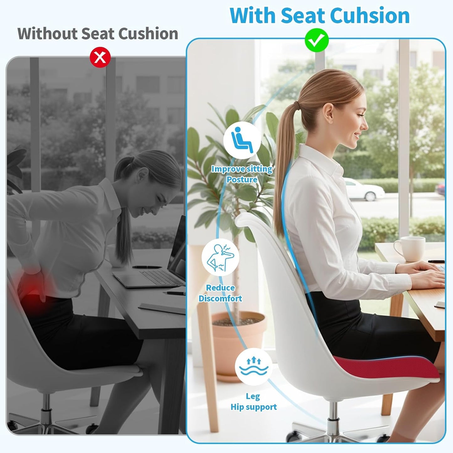 TranquilRelax Large Seat Cushion, Memory Foam Cushion for Long Sitting Hours on Office Chair, Car Seat, Non-Slip Chair Pad for Sciatica, Coccyx, Tailbone Pain Relief & Post-Surgery Recovery (Black)