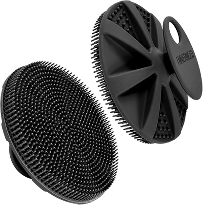 INNERNEED Food-Grade Soft Silicone Body Scrubber Shower Brush Handheld Cleansing Skin Brush, Gentle Exfoliating and Lather Well (Dark Green)