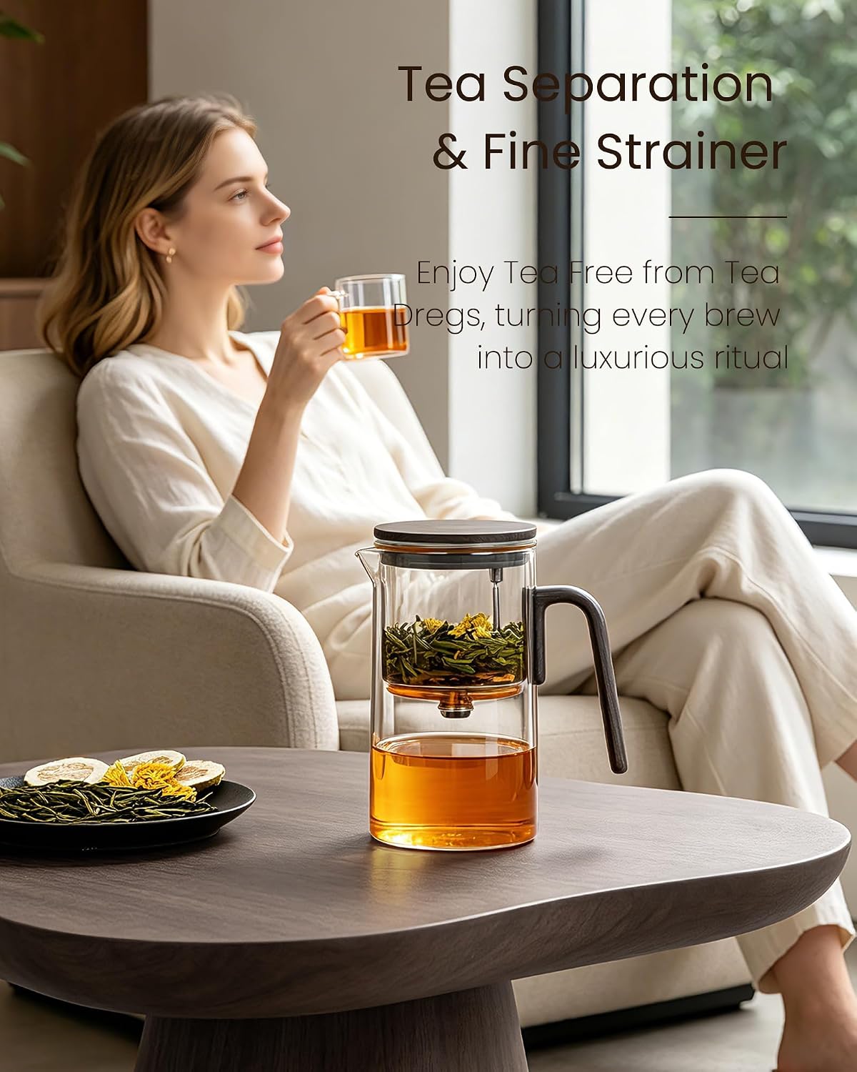 ZENS Magnetic Tea Pot, Enchanted Glass Teapot with Infuser and Magnetic Suction Lid for Mess-Free Loose Tea Diffusers, Walnut Wood Handle, Tea Lovers Gifts