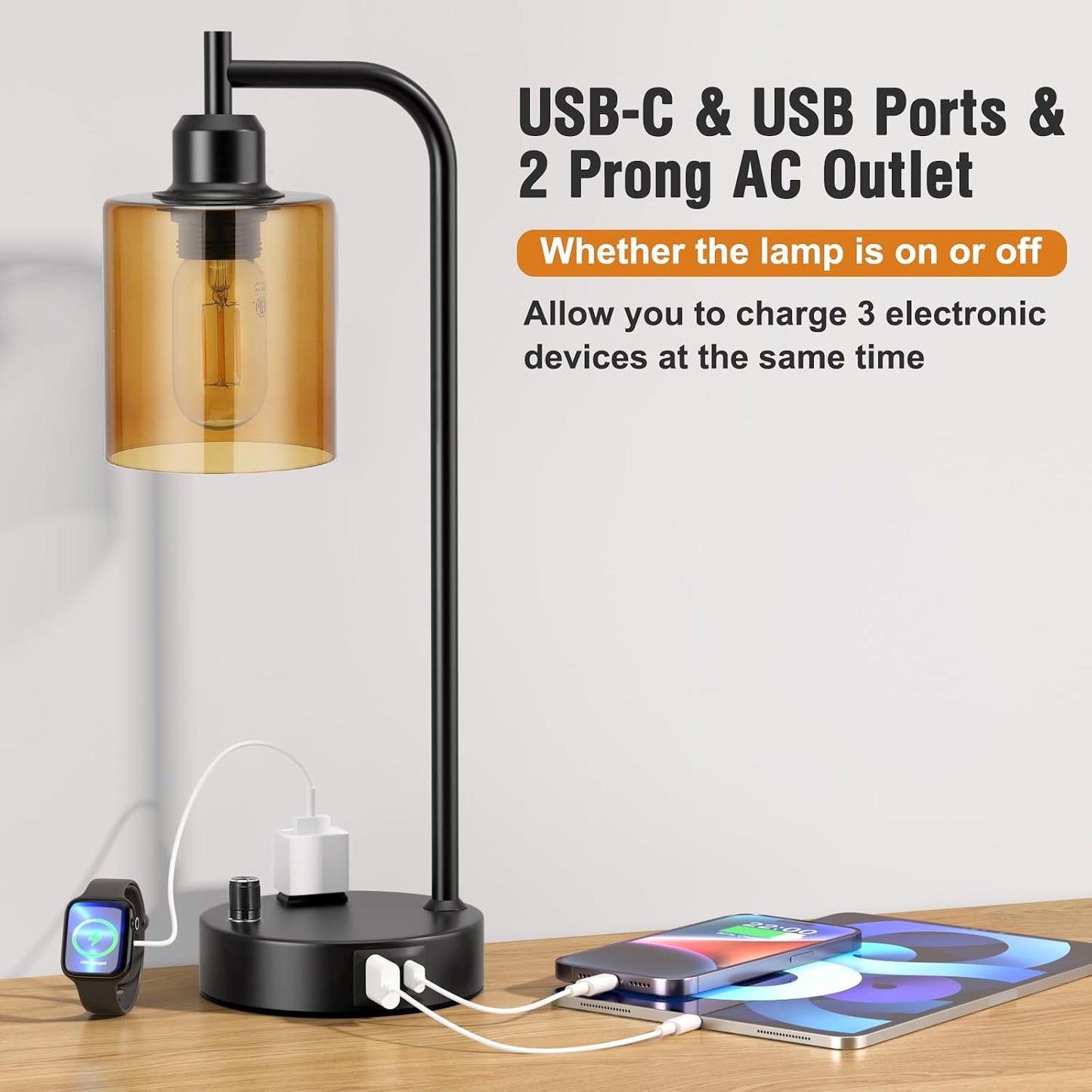 Industrial Table Lamps for Bedrooms Set of 2 - Fully Dimmable Bedside Lamps with USB A and C Ports and Outlet, Black Nightstand Lamps with Glass Shade for Living Room, Desk Lamps for Office Reading