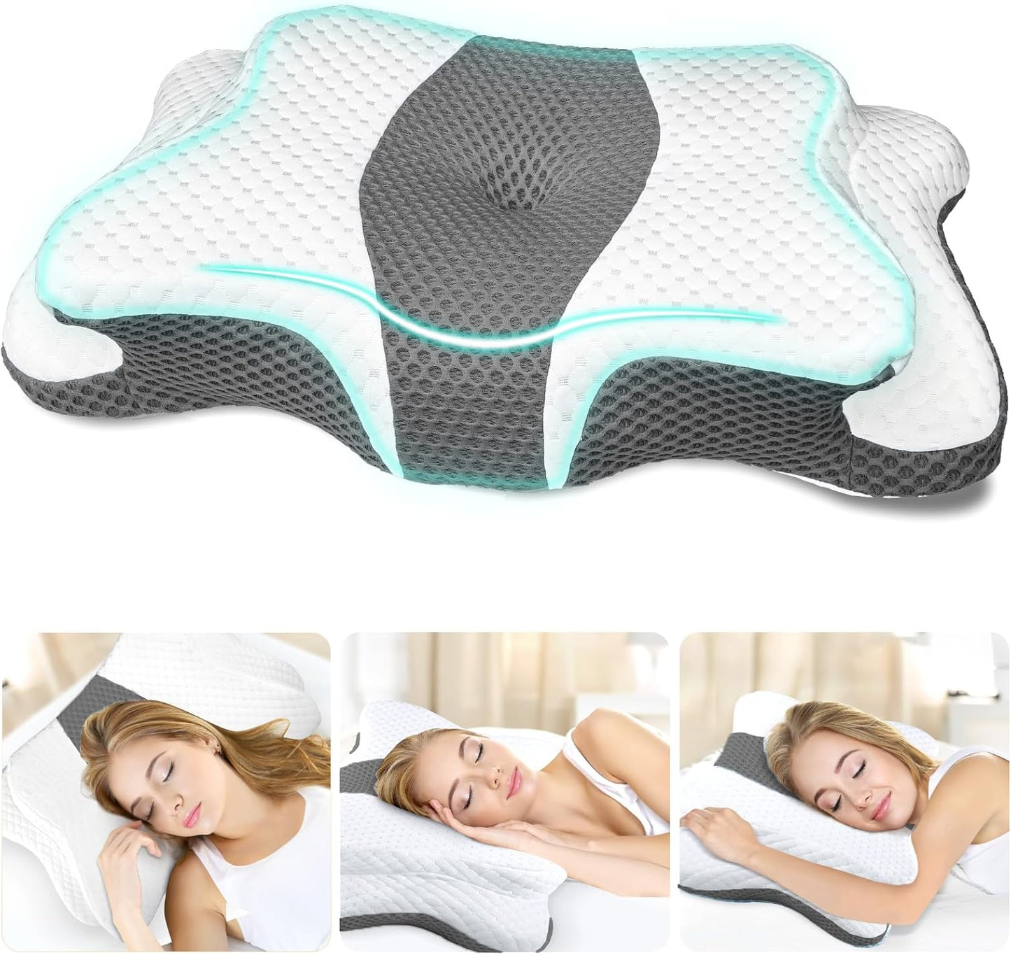 CHxxy Cervical Neck Pillow for Pain Relief Sleeping, Memory Foam Pillows, Ergonomic Side Sleeper Pillows, Cooling Orthopedic Neck Support Pillow for Back Stomach Sleepers-Queen Size Grey&Grey