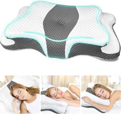 CHxxy Cervical Neck Pillow for Pain Relief Sleeping, Memory Foam Pillows, Ergonomic Side Sleeper Pillows, Cooling Orthopedic Neck Support Pillow for Back Stomach Sleepers-Queen Size Grey&Grey