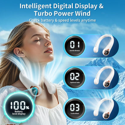 Portable Neck Fan with 6000mAh USB - Rechargeable Battery, Ultra-Light Bladeless Neck Fan LED Display, 360° Cooling Wearable Fan, 3 Speeds (Black)