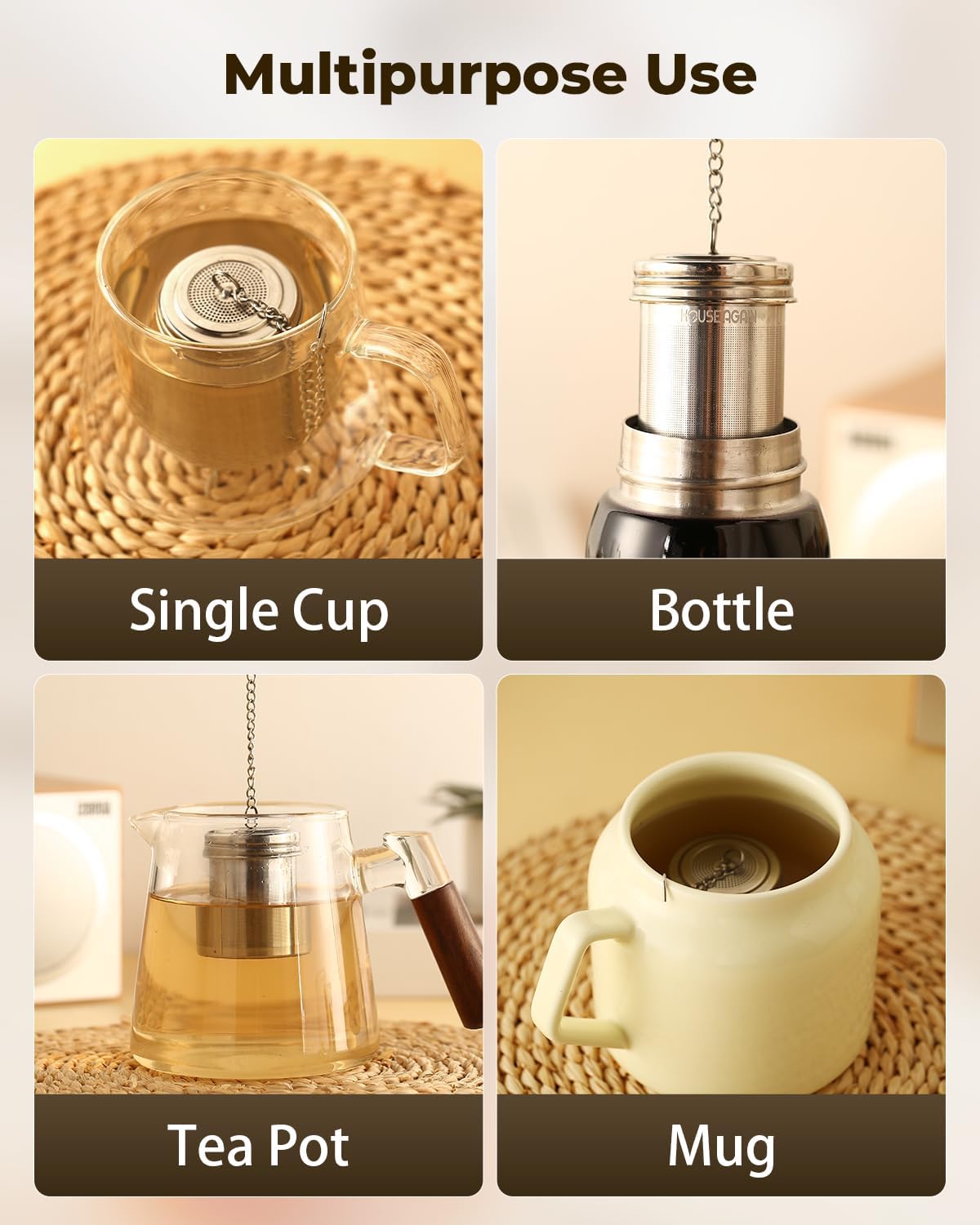 House Again 2 Pack Tea Infuser, Extra Fine Mesh Tea Infusers for Loose Tea, 18/8 Stainless Steel Tea Strainer with Extended Chain Hook, Tea Steeper for Brew Tea, Spices & Seasonings