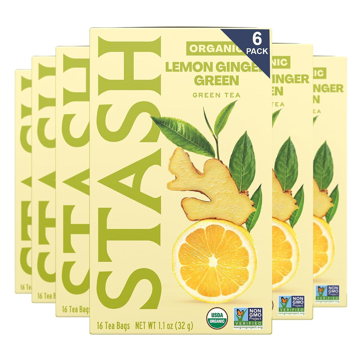 Stash Tea Organic Lemon Ginger Green Tea, Caffeinated, Non-GMO Project Verified, Serve Hot or Iced, 96 Tea Bags, 16 count (6 pack)