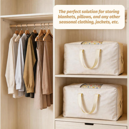 Soft Large Canvas Storage Bags with Zipper. Thick Breathable. Four Carrying Handles and Window. Cotton Linen Storage for Pillows, Quilt, Blankets and Comforter, 80L, Beige