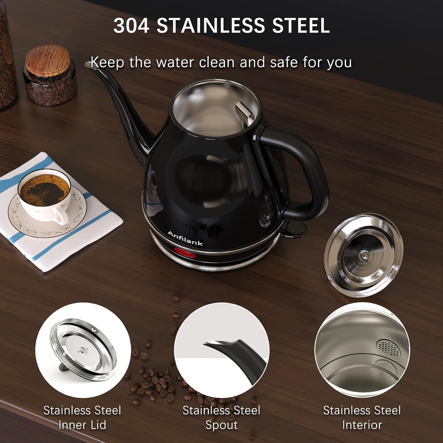 Anfilank Electric Gooseneck Kettle, 1L 1500WFast Boil, 100% Stainless Steel BPA Free Pour-Over Coffee & Tea Kettle,Water Boiler with Auto Shut & Boil-Dry Protectio,Green