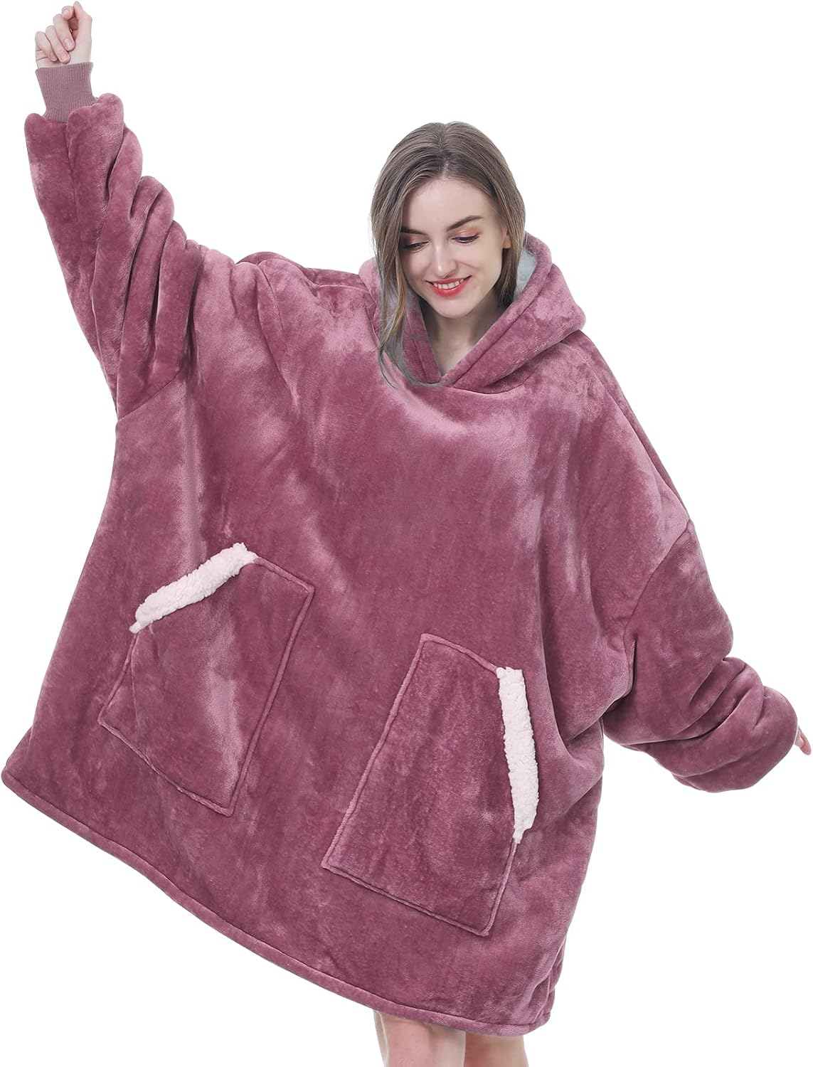 Kipswiza Wearable Blanket Hoodie Gifts for Women and Men, Oversized Cozy Warm Flannel Sherpa Hooded Blankets Sweatshirt with Giant Pockets for Adult and Teens, Dark Gray