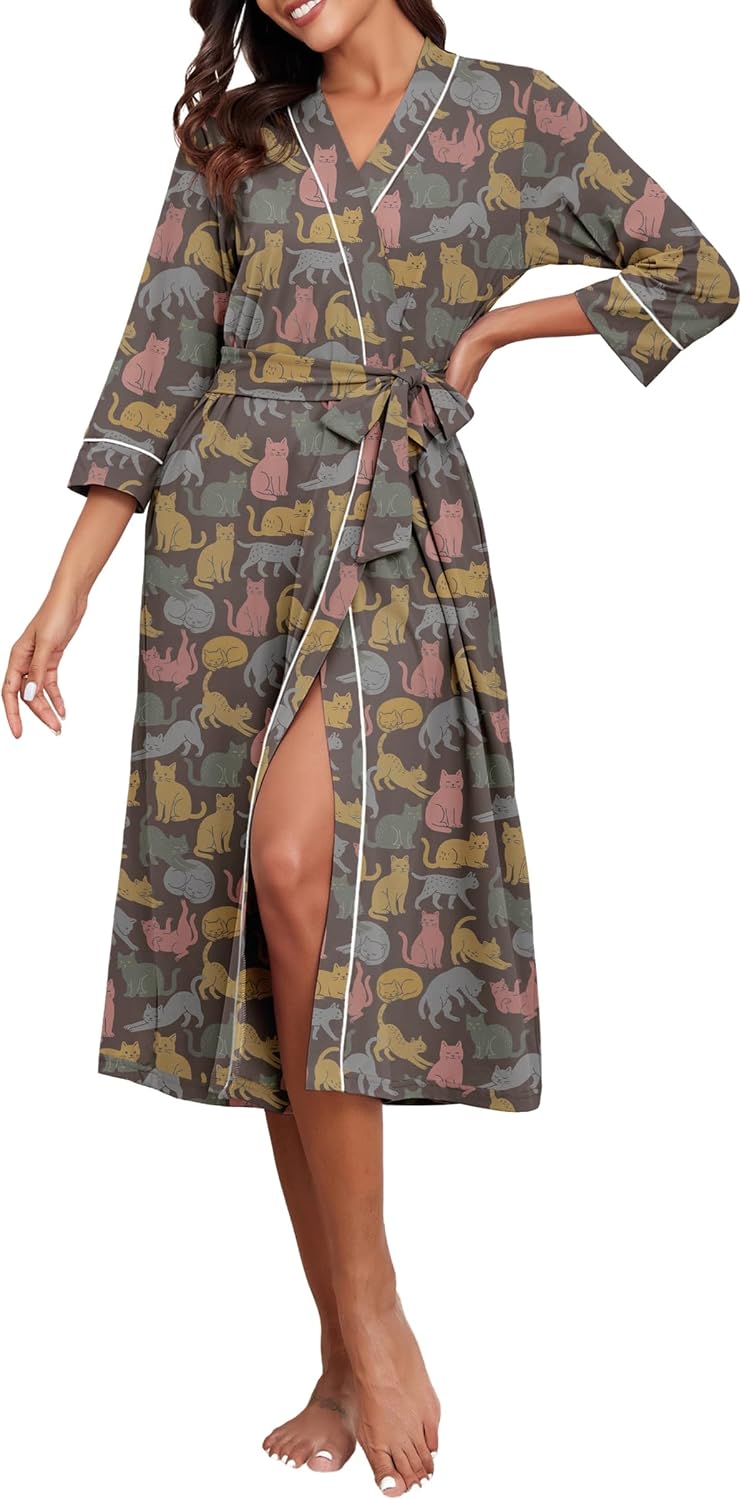 PrinStory Robes for Women 3/4 Sleeve Long Bath Robe XS-4XL