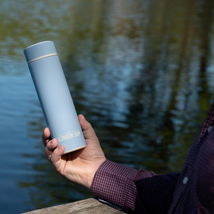 London Sip Multi-Purpose Tea Infuser Travel Mug and Tumbler Fruit Infuser Flask Hot and Cold Double Wall Stainless Steel Thermos with Extra-Long Infuser, Midnight Teal