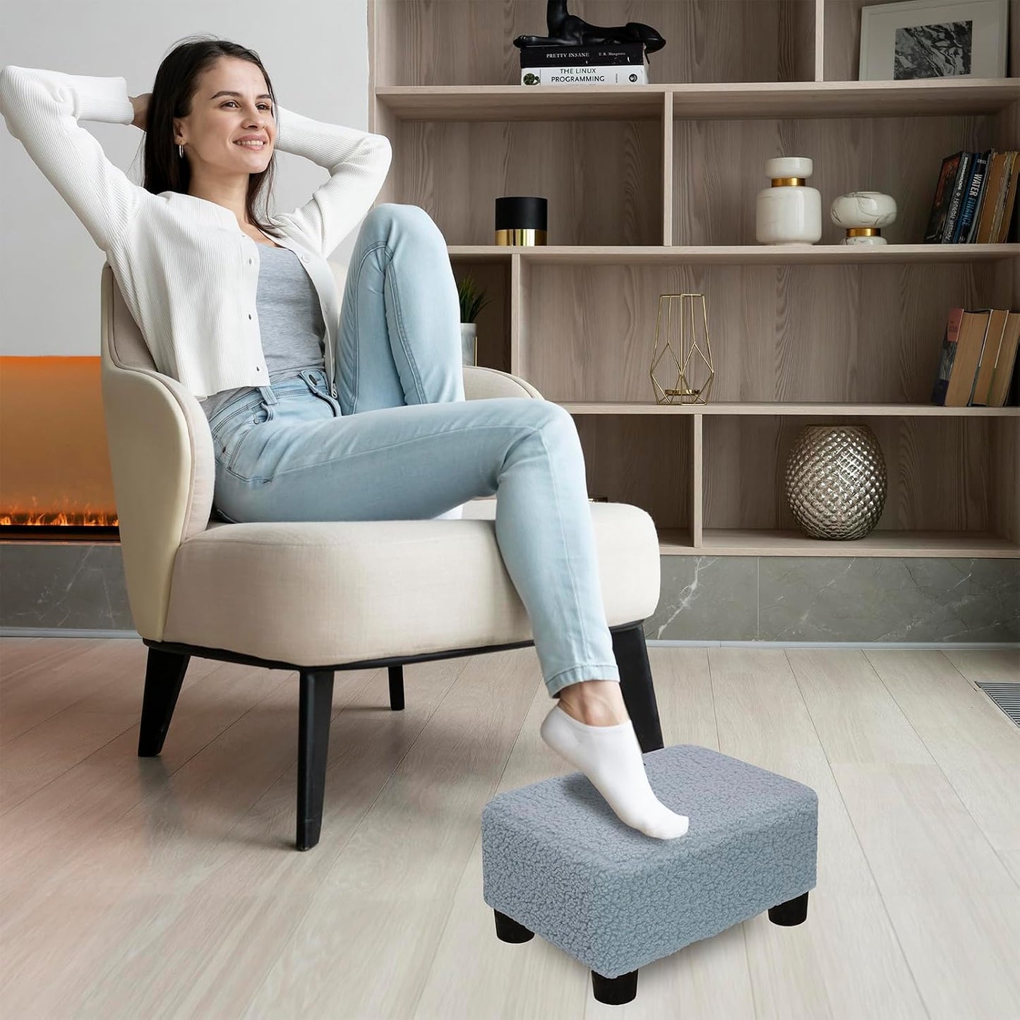 CAROLMADE Small Foot Stool Ottoman Footstool with Legs Under Desk Footrest for Living Room Bedroom and Office,Linen-Grey