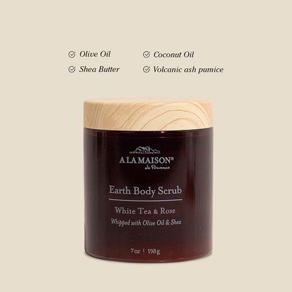 A LA MAISON Earth Body Scrub Amber Collection Natural Pumice Scrub with Shea Butter & Olive Oil – Gently Exfoliates & Softens Skin – French Formula – Plant-Based – 7 oz (Jasmine & Santal)