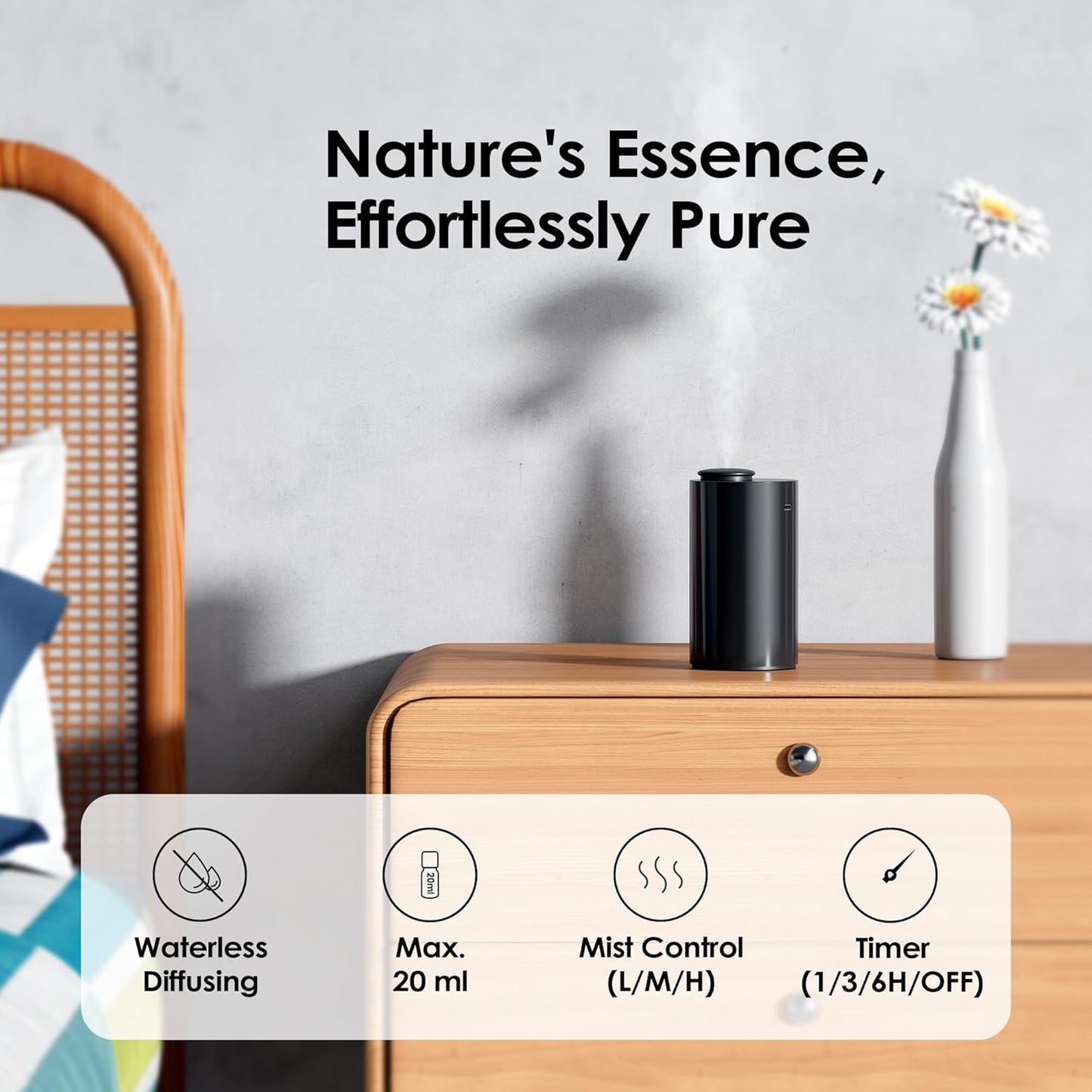 Airversa Waterless Essential Oil Diffuser Starter Kit with 4 x 10mL Hotel Scent Fragrance Oil, Battery Operated Mini Scent Air Machine Portable Diffuser for Home Car Office, AN8 Kit Black