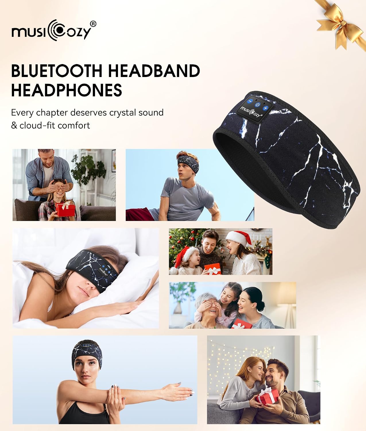 MUSICOZY Sleep Headphones Bluetooth 5.4 Headband, Wireless Earphones Music Sleep Earbuds Sleeping Eye Mask with HD Stereo Speakers for Workout Running Travel Yoga, Ideal Gifts for Men Women Mom Dad