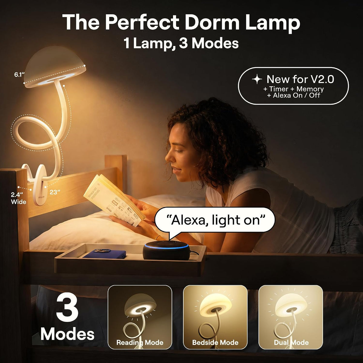 Shroommate Dorm Room Essential Clip On Bed Light for Dorm Room - White