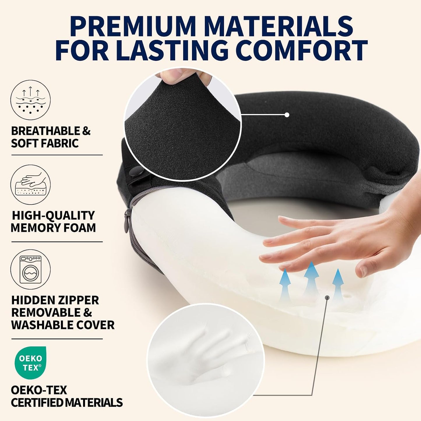 BUYUE Travel Neck Pillows for Airplanes, Memory Foam 360° Head Support Sleep for Long Flight, Skin-Friendly & Breathable, Kit with Eye Mask, Earplugs and Storage Bag (Adult, Grey, 90+ lbs)