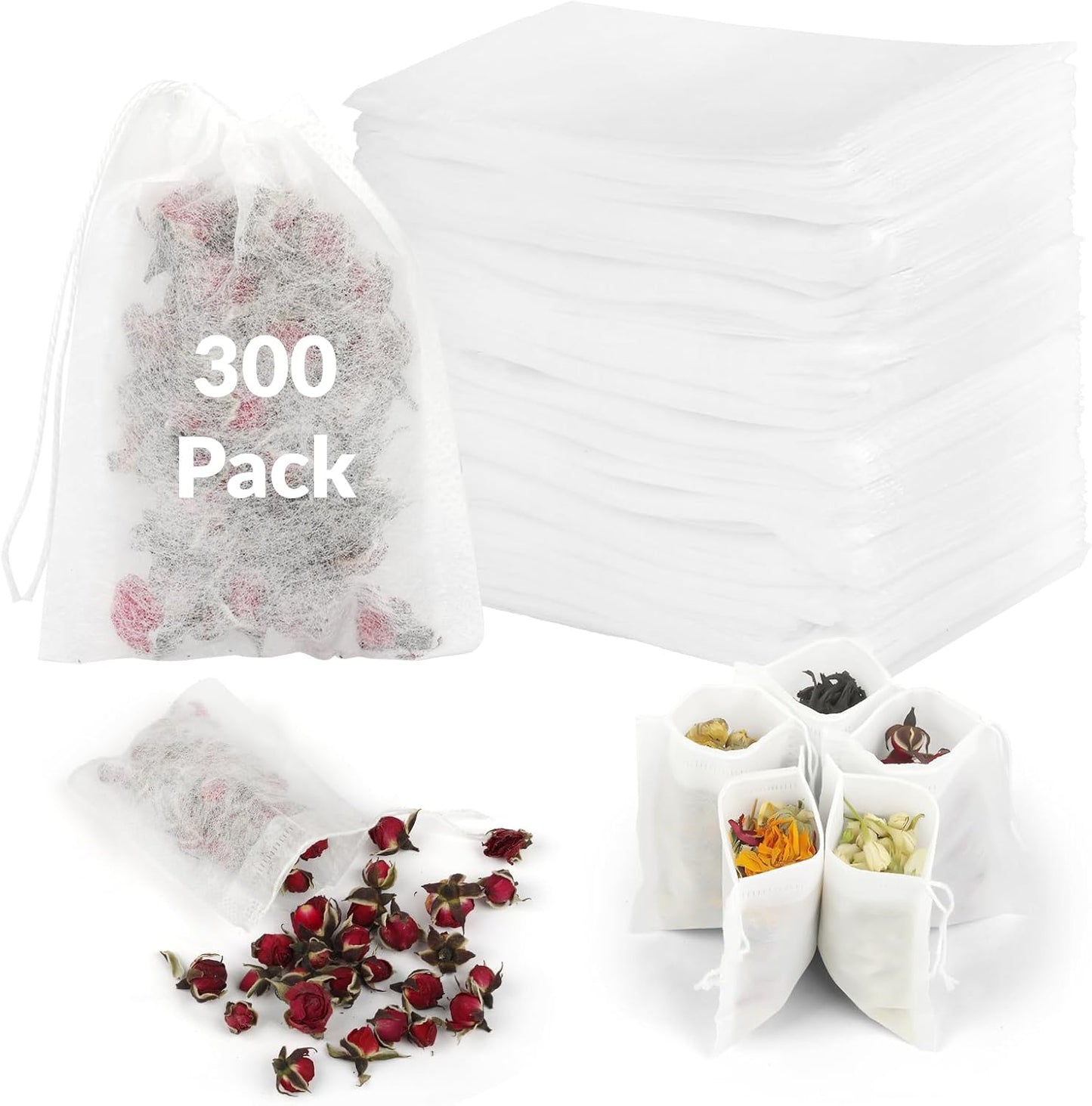 300 Pcs Disposable Tea Bags for Loose Leaf Tea, Food-grade Tea Filter Sachets with Drawstring, Empty Tea Infuser Bag for Coffee, Herbs, Spices (3.54" x 2.75")