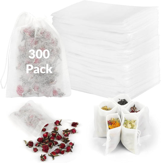300 Pcs Disposable Tea Bags for Loose Leaf Tea, Food-grade Tea Filter Sachets with Drawstring, Empty Tea Infuser Bag for Coffee, Herbs, Spices (3.54" x 2.75")