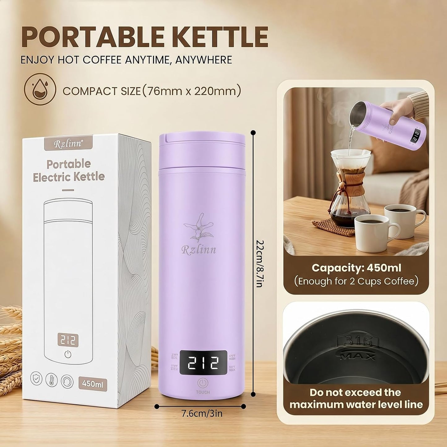 Portable Electric Kettle For Travel, 120V, 450ml, 4 Temperature Control