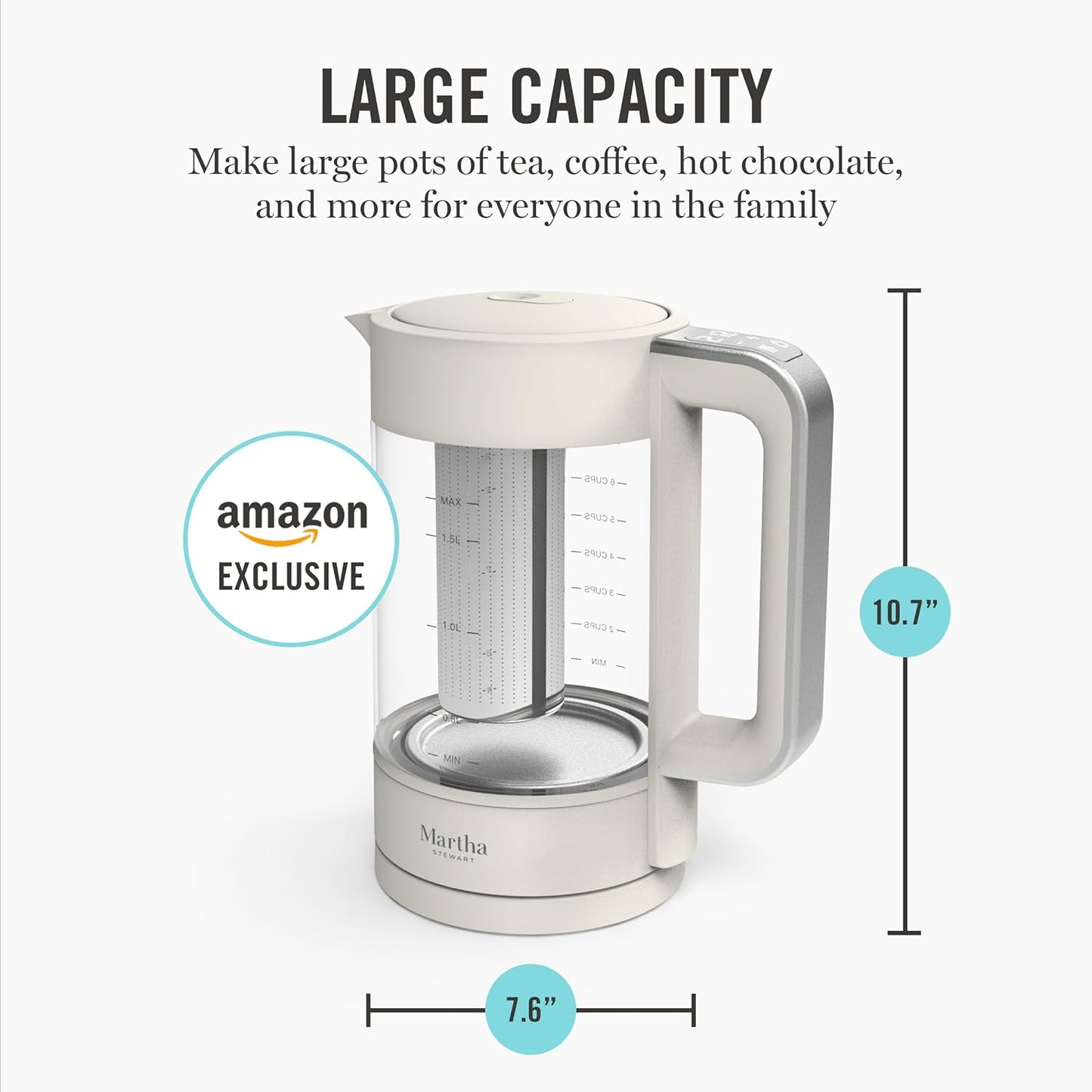 Martha Stewart Electric Kettle with Removable Stainless Steel Tea Infuser, Glass Carafe 1.7L (7 Cups), Hot Water Boiler, 4 Presets, Keep Warm & Auto Shut-Off, Cordless 360° Swivel Base, Honeydew Green