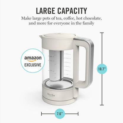 Martha Stewart Electric Kettle with Removable Stainless Steel Tea Infuser, Glass Carafe 1.7L (7 Cups), Hot Water Boiler, 4 Presets, Keep Warm & Auto Shut-Off, Cordless 360° Swivel Base, Honeydew Green