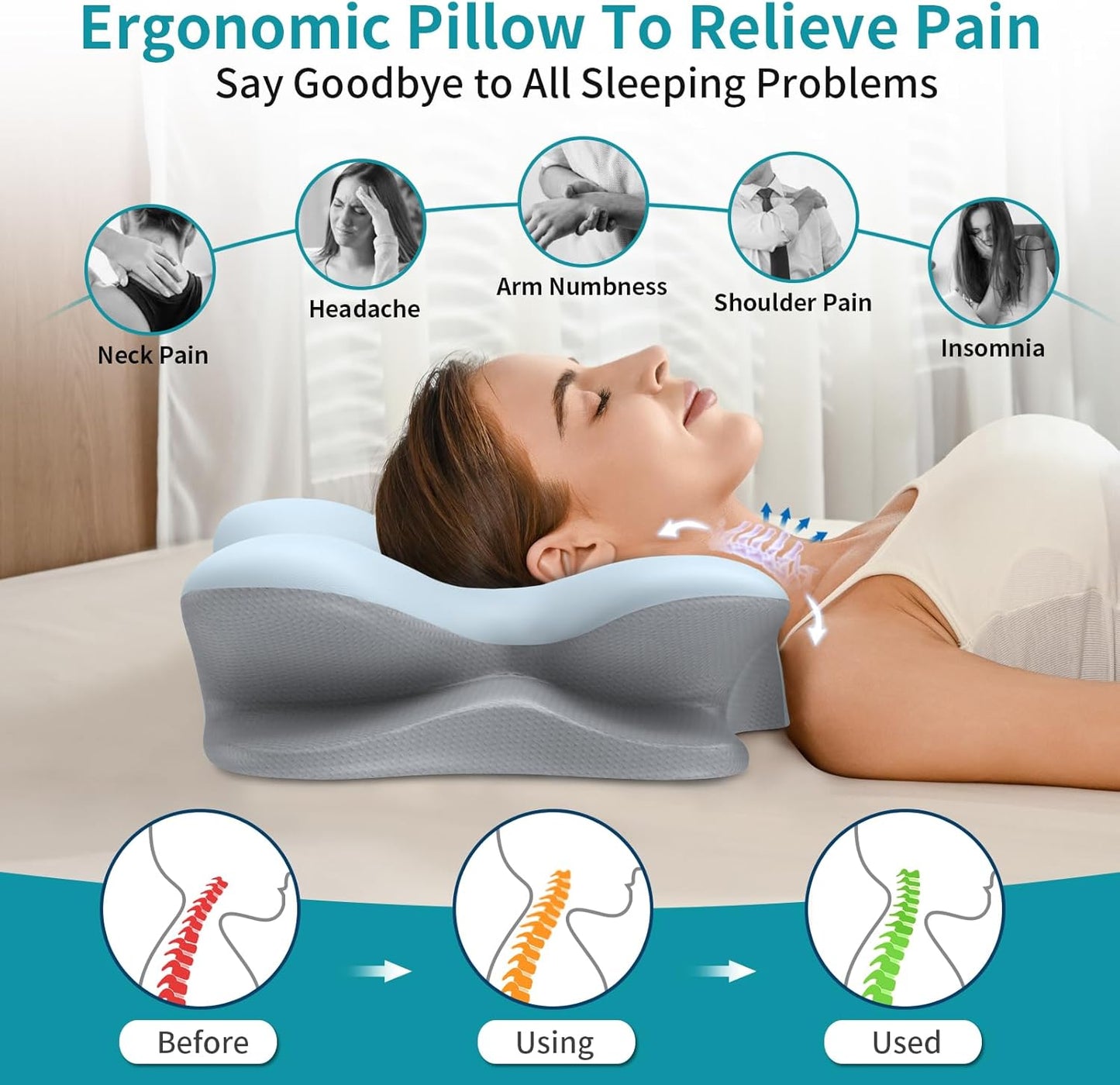 Cervical Neck Pillow for Pain Relief - Ergonomic Pillow for Neck Support, Contour Memory Foam Pillows for Sleeping, Contour Pillow for Reading & Bed Rest Pillows for Side Back Stomach Sleepers(Blue)