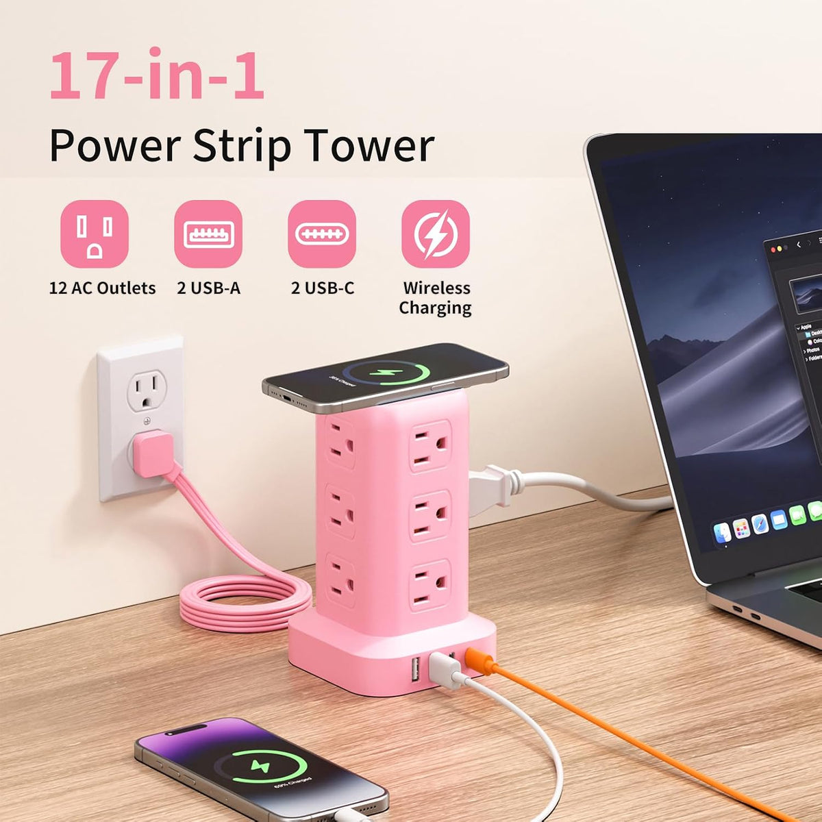 Extension Cord with Multiple Outlets, SMALLRT Power Strip Tower, Outlet Extender with 12 AC Outlets 4 USB, 6.5FT Extension Cord for Home Dorm Room, Office Supplies,Overload Protection