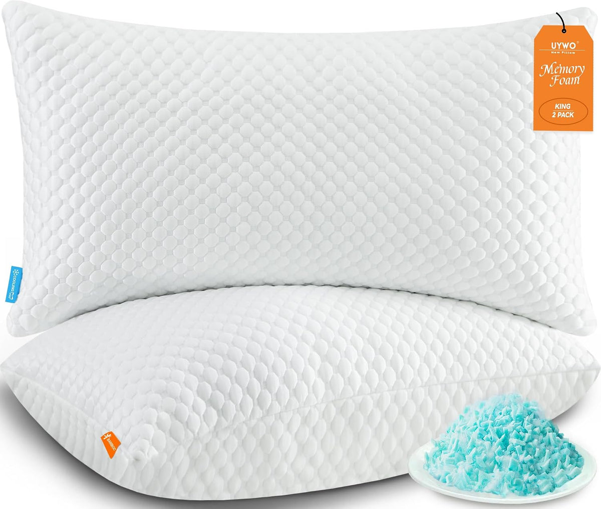 UYWO Cooling Pillows Queen Size Set of 2, Adjustable Memory Foam Pillows