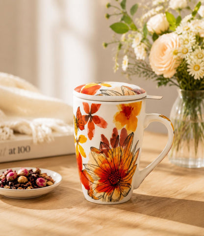 GBhome Tea Mug with Infuser and Lid, 18 Ounce Large Ceramic Loose Leaf Cup, Microwave, Dishwasher Safe, Perfect for Tea Lovers