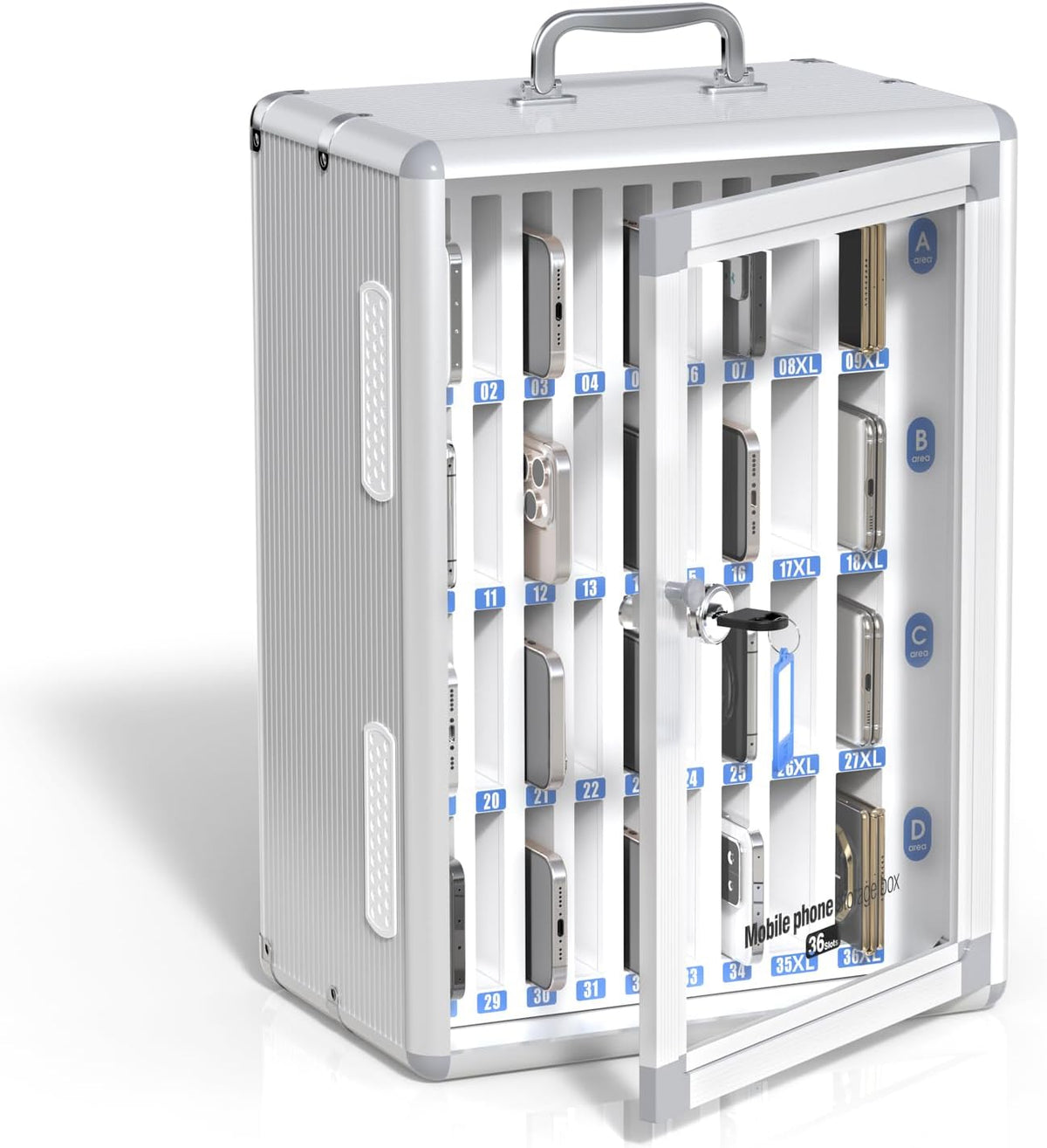 24 Slots Cell Phone Locker, Classroom Phone Storage Cabinet with Key, 【Wall Mounted】 【Aluminum Alloy】 Phone Lock Box, Mobile Phone Lockbox with Handle for School Office Exam(Silver)