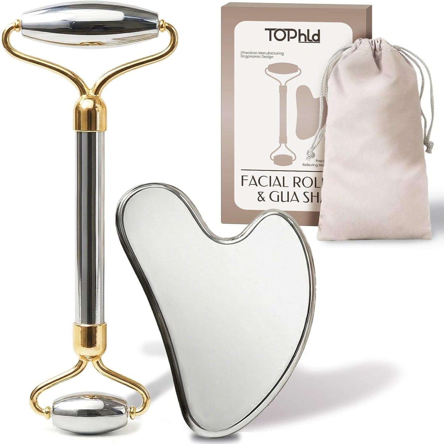 Stainless Steel Face Roller & Gua Sha Facial Tools, Face Massager for Self Care, Roller for face, Jawline Sculpting and Puffiness Reducing